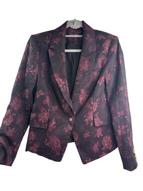 White House Black Market Rose Print Floral Jacquard Blazer Jacket Size 8 Maroon